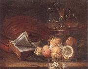 unknow artist Still life of a lute,books,apples and lemons,together with a gilt tazza with a wine glass and decanters,all upon a stone ledge china oil painting artist